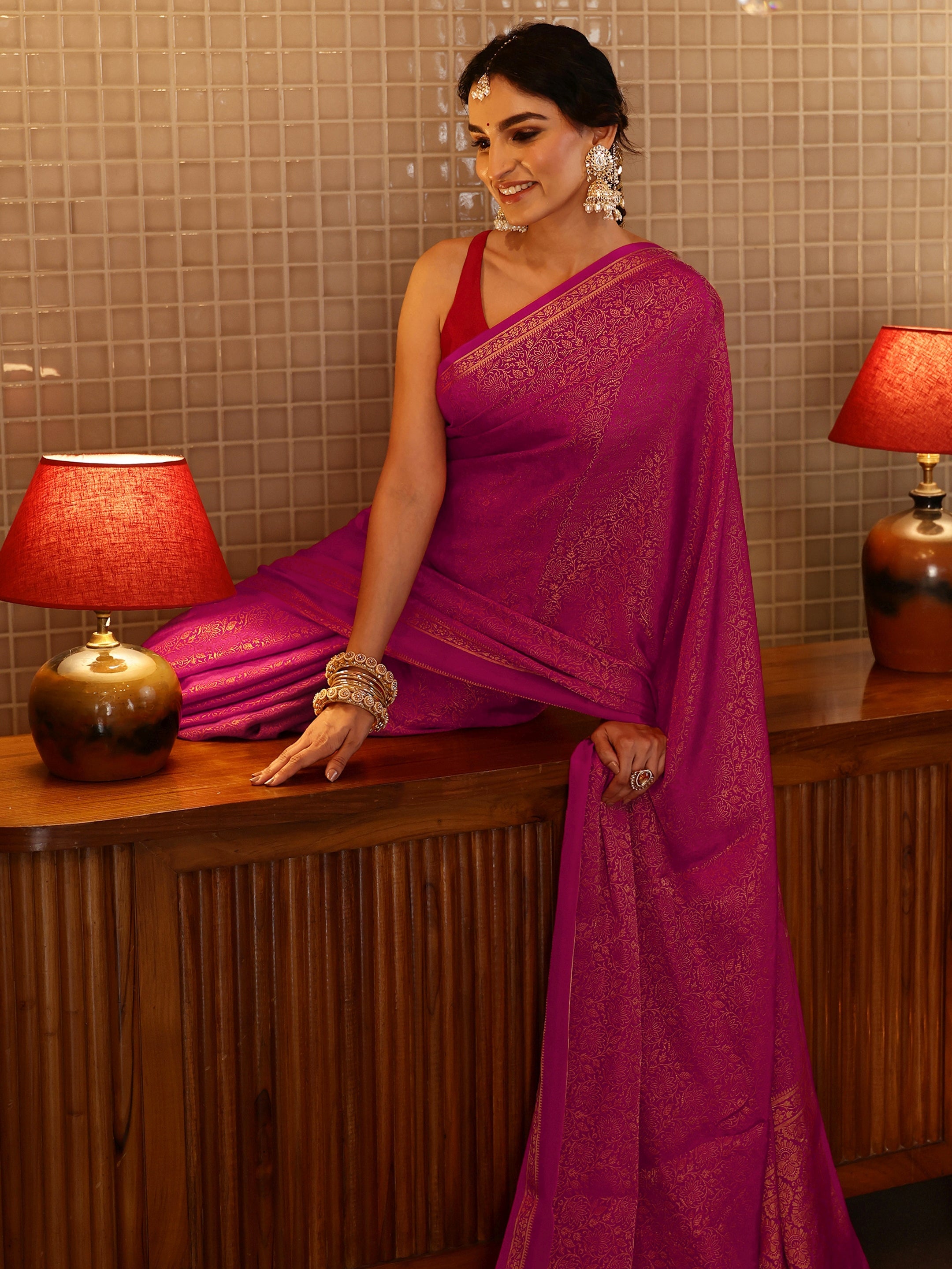 libas Rani Pink Banarasi Silk Blend Saree-picture-36