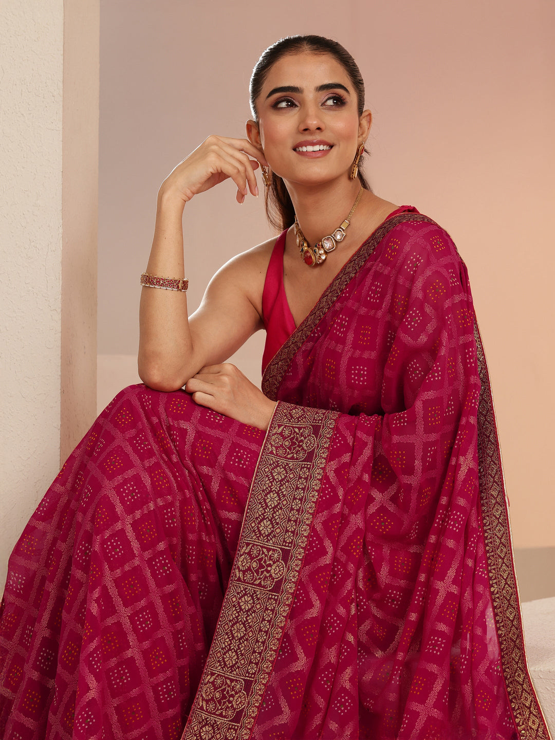  Rani Pink Bandhani Printed Georgette Pre Draped Saree 