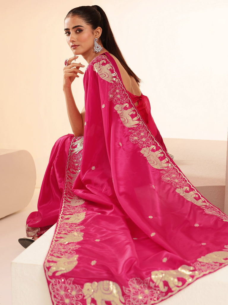 Libas Rani Pink Embellished Satin Saree with Gaja Motif Border