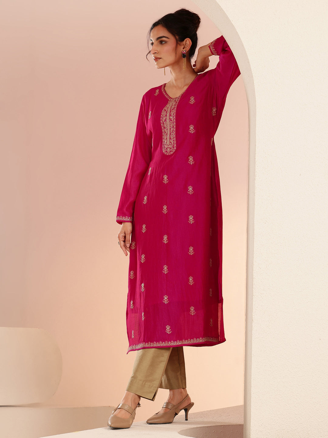  Rani Pink Ethnic Embroidered Silk Blend Straight Kurta Set 