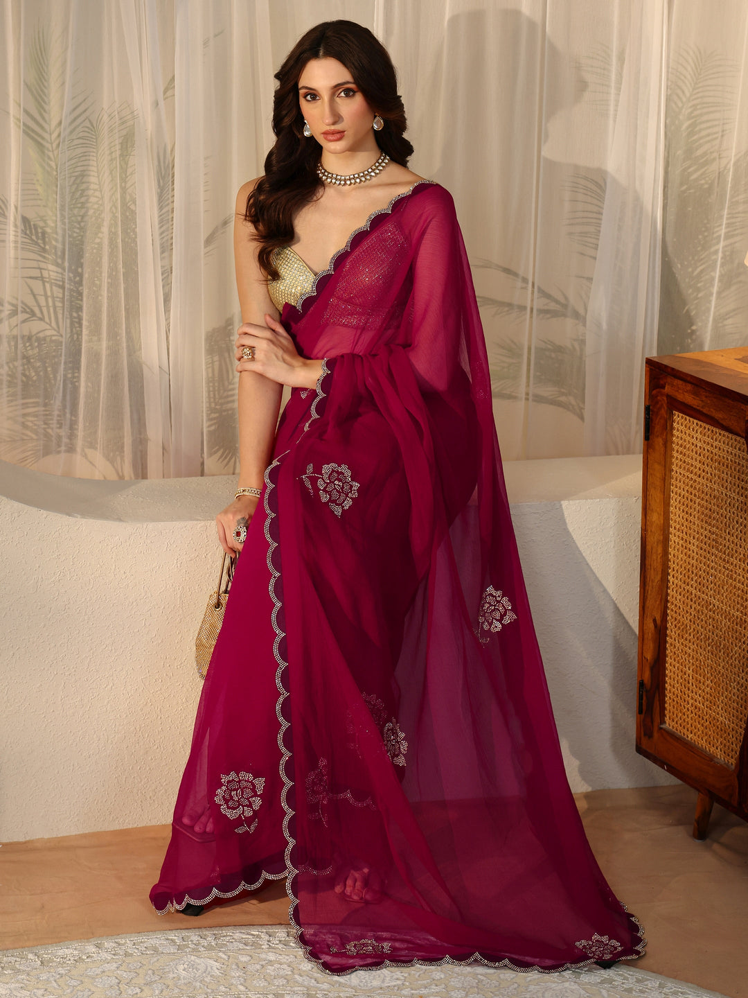  Rani Pink Floral Embellished Georgette Saree 