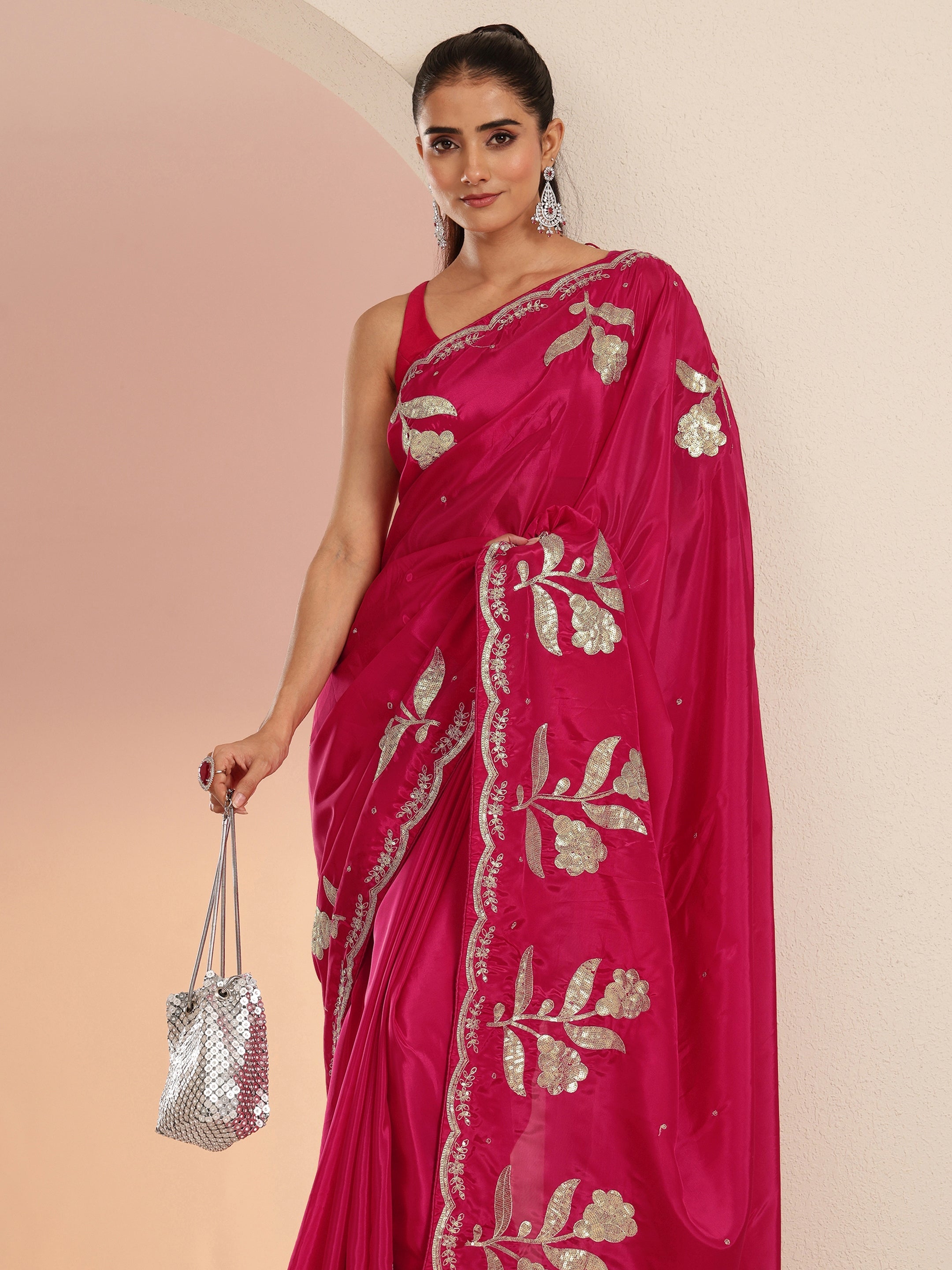 libas Rani Pink Floral Embellished Satin Saree-picture-40