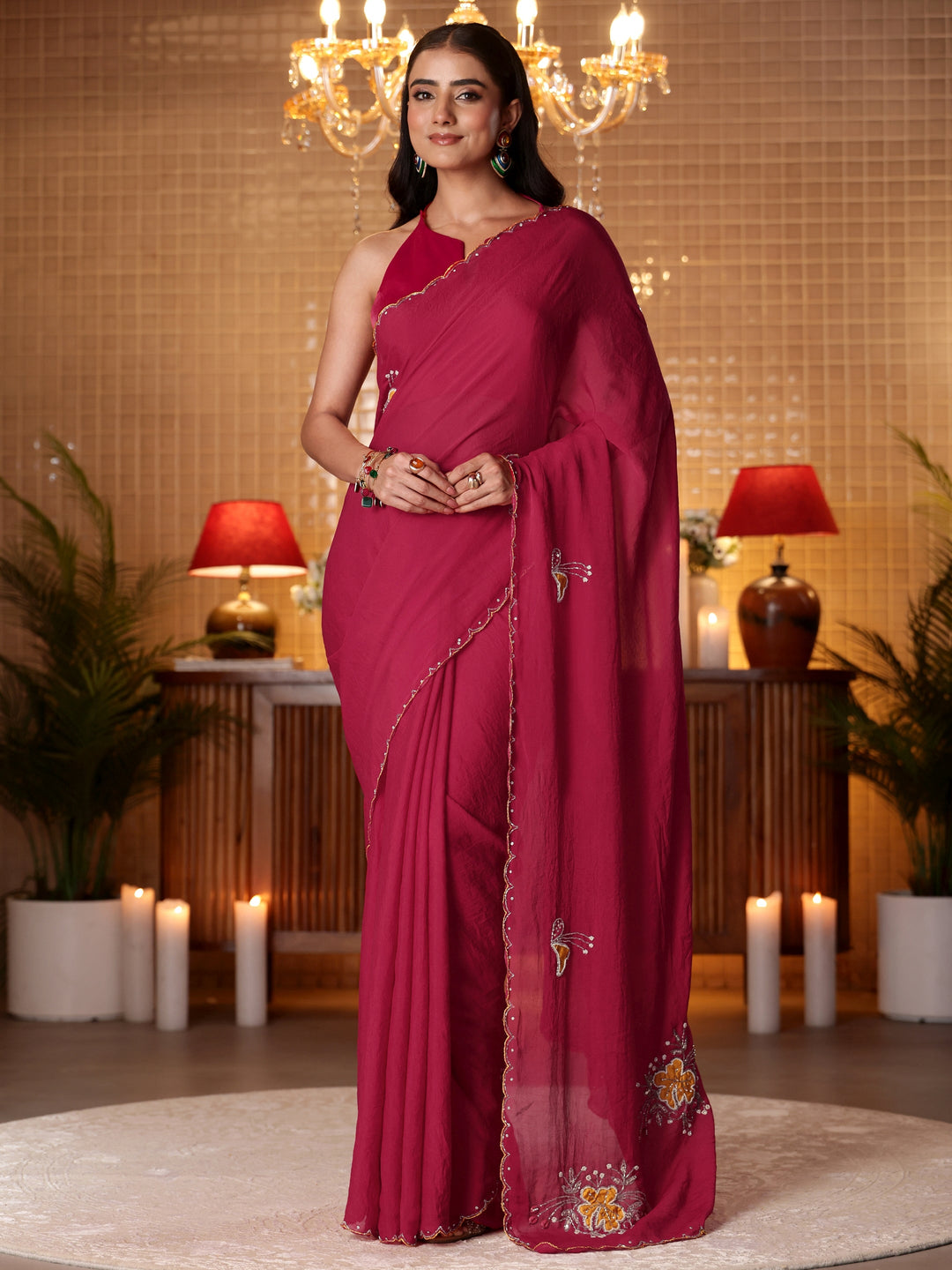 Libas Rani Pink Floral Embellished Silk Blend Saree