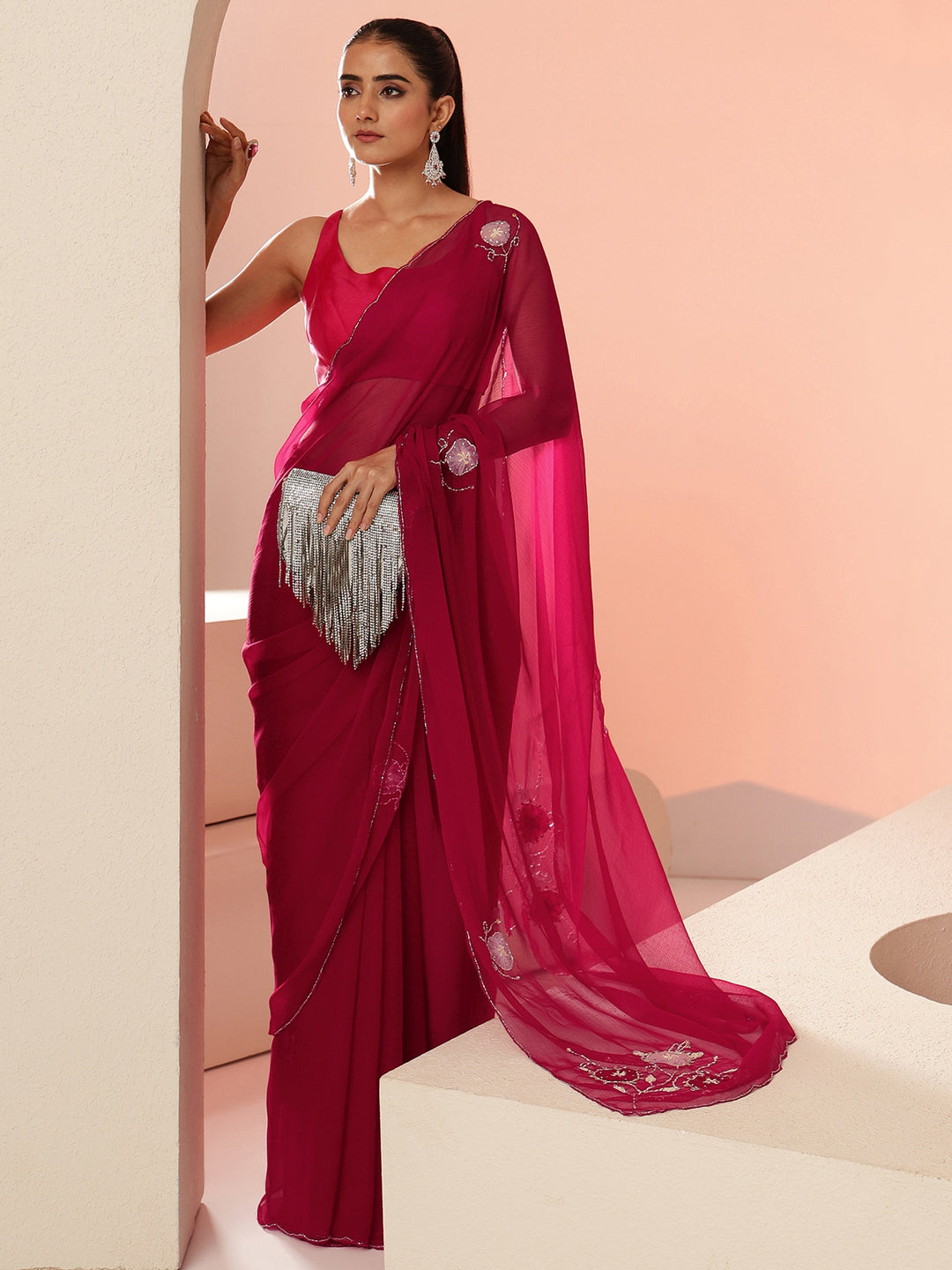  Rani Pink Floral Embellished Silk Blend Saree 