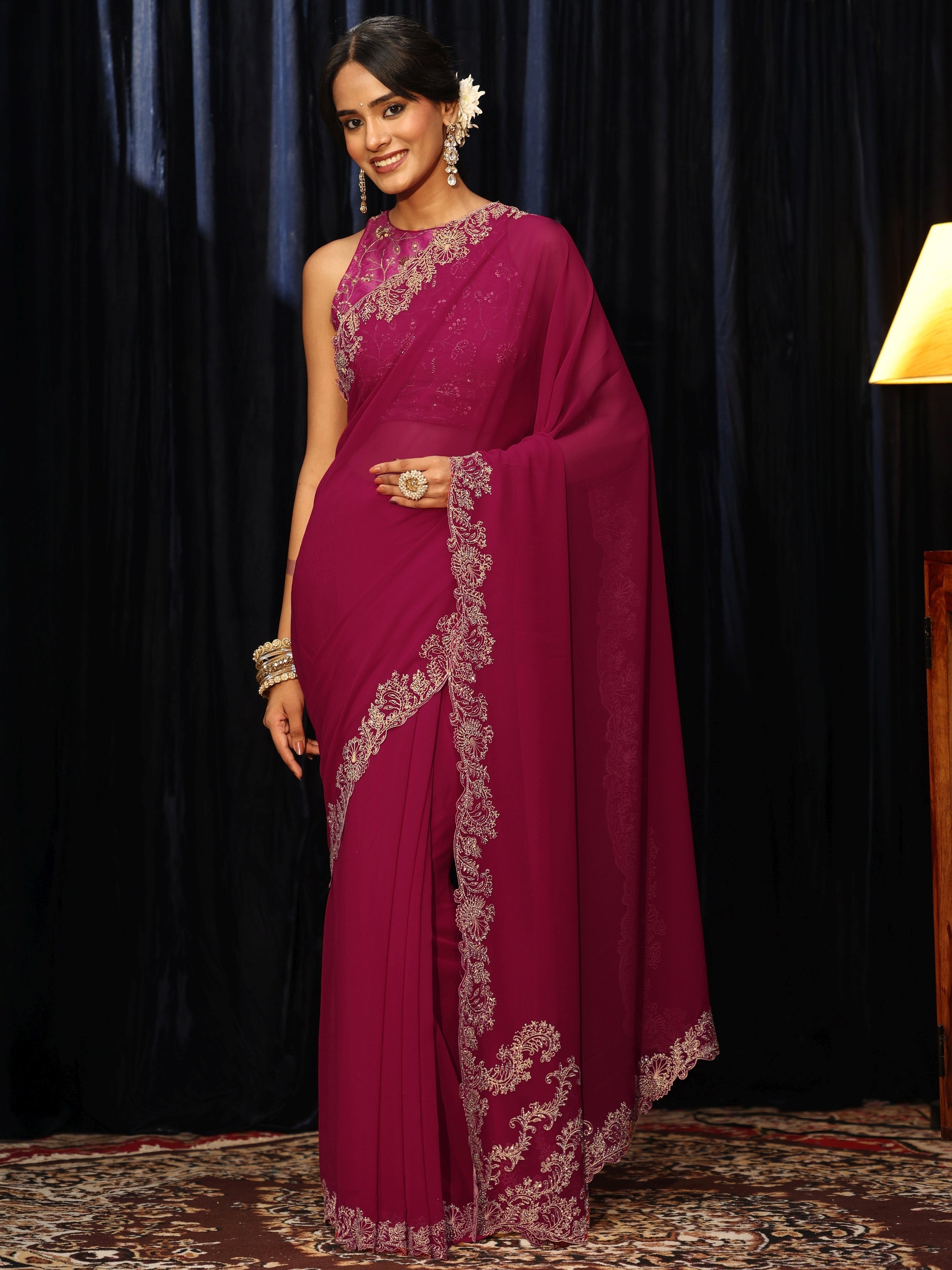 Libas Rani Pink Georgette Saree with Embroidered Border-picture-64