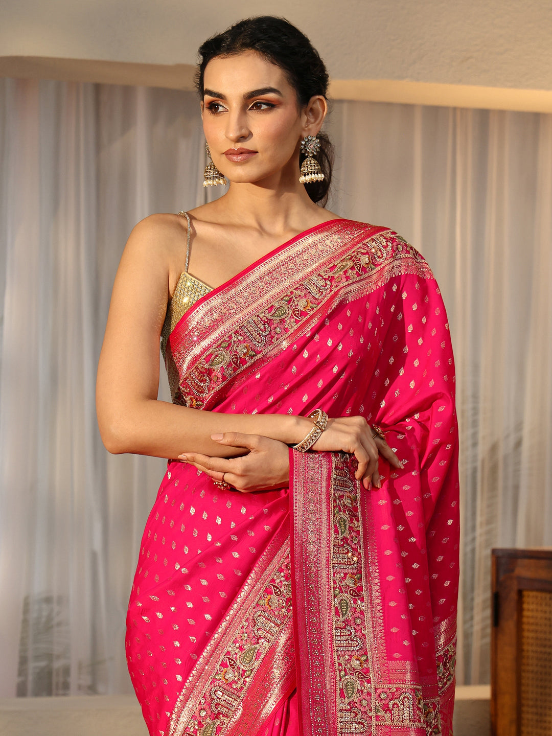  Libas Art Rani Pink Silk Blend Saree with Woven Border 
