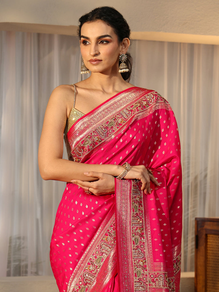 Libas Art Rani Pink Silk Blend Saree with Woven Border