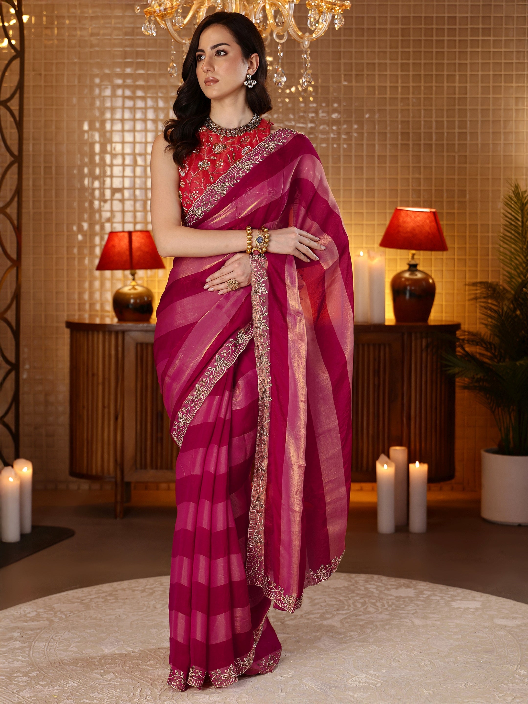 libas Rani Pink Striped Silk Blend Saree-picture-23