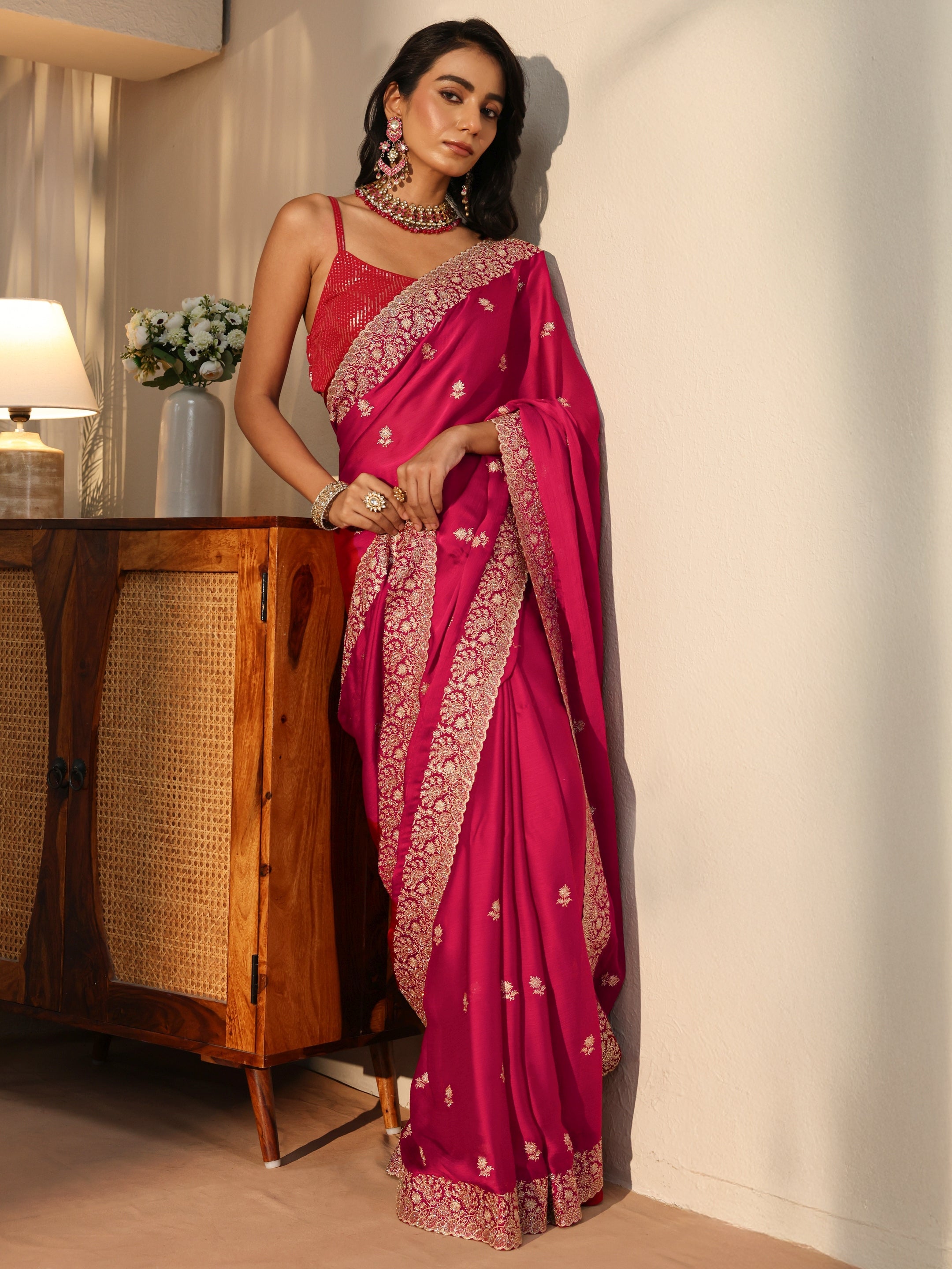 Libas Rani Pink Floral Embroidered Chiffon Saree-picture-60