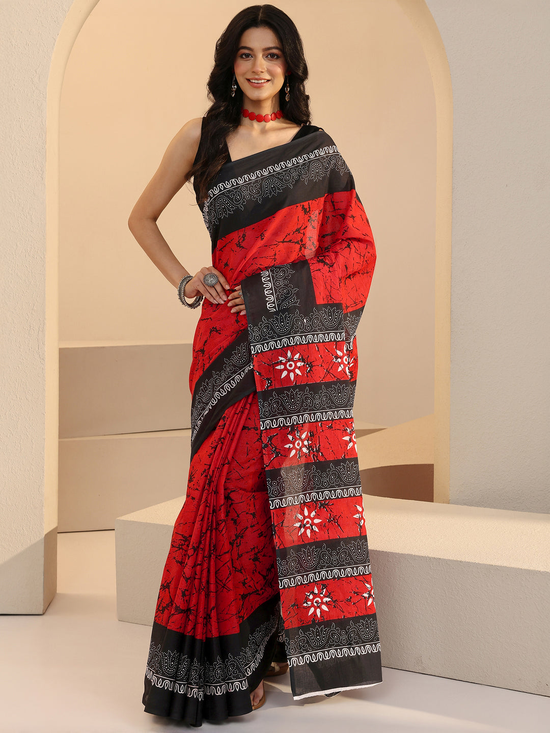  Red Batik Print Cotton Saree 