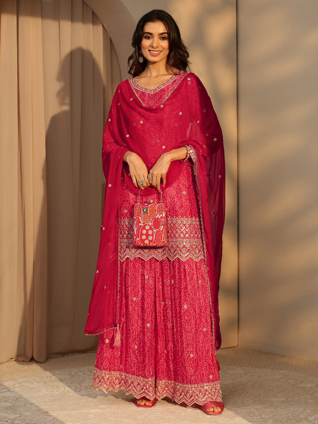  Libas Art Red Bandhani Print Embellished Chinon Palazzo Straight Suit Set 