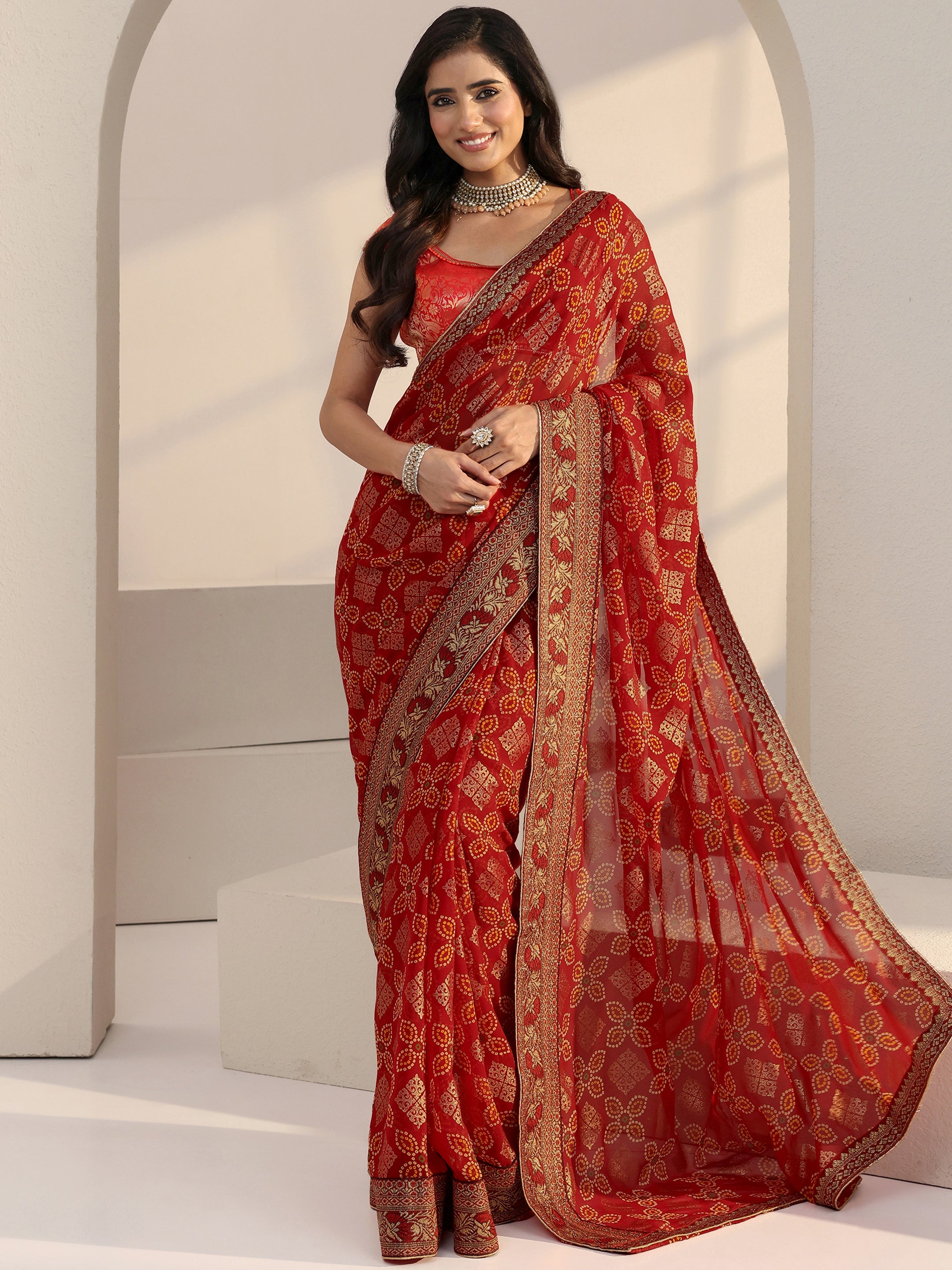 Libas Red Bandhani Print Pre Draped Georgette Saree-picture-22
