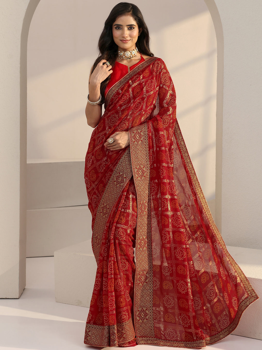  Red Bandhani Print Pre Draped Georgette Gharchola Saree 