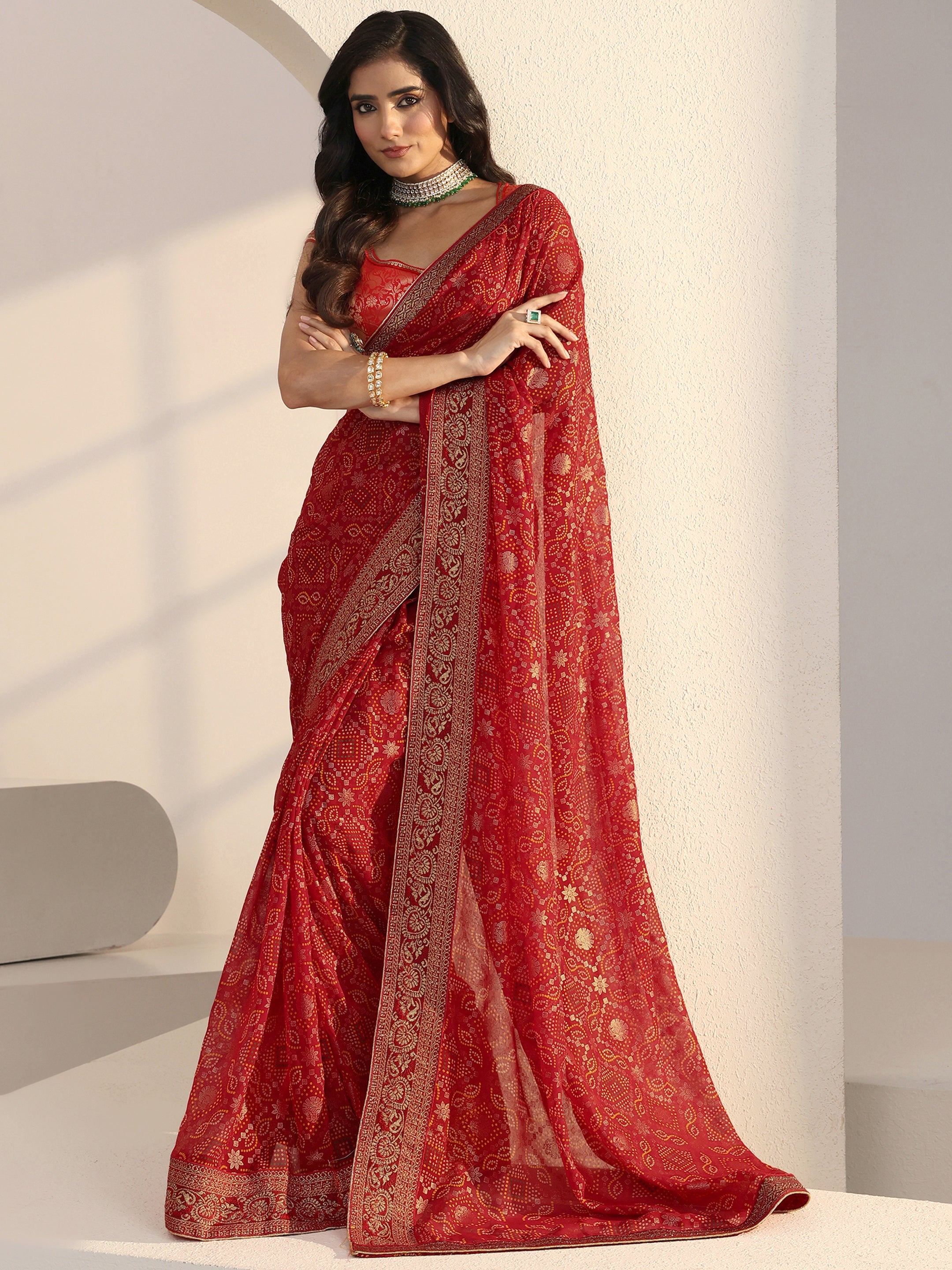 libas Red Bandhani Printed Georgette Pre Draped Saree-picture-25