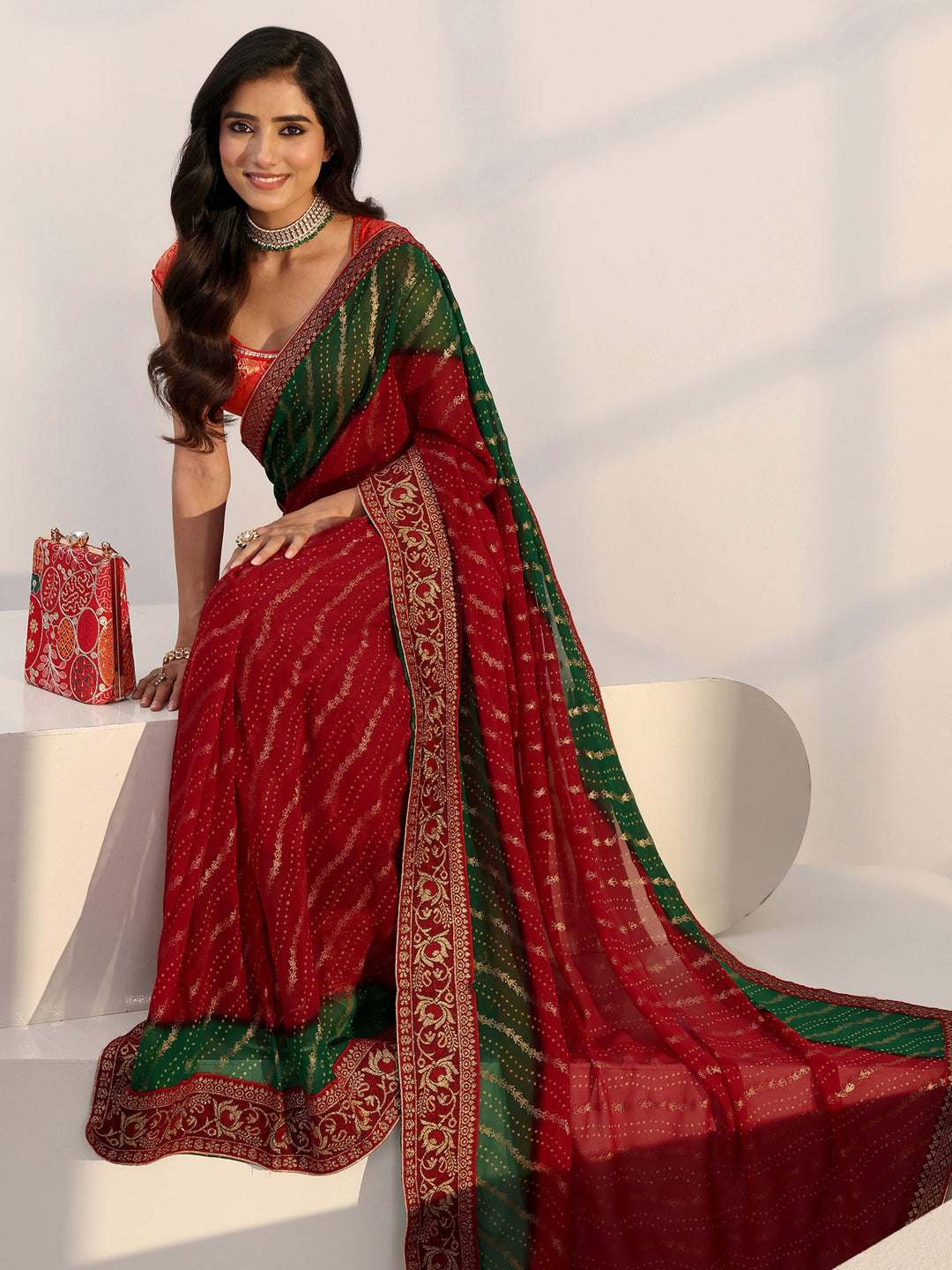  Ombre Red and Green Printed Georgette Pre Draped Saree 