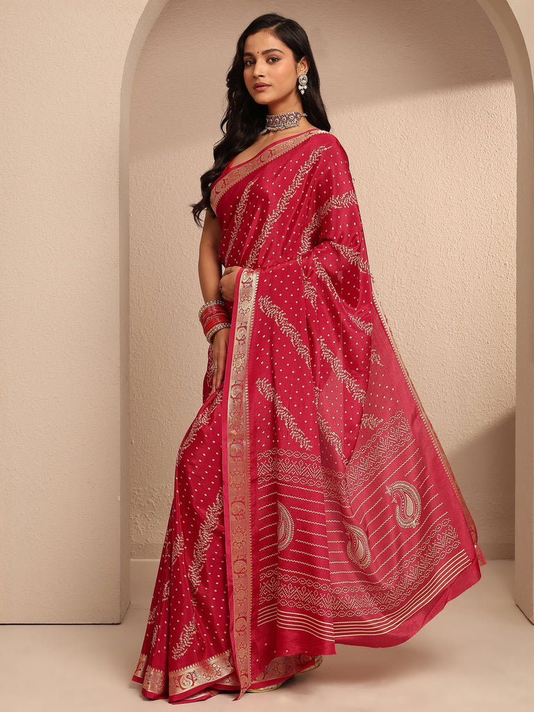 Libas Red Bandhani Printed Silk Blend Saree With Unstitched Blouse Piece