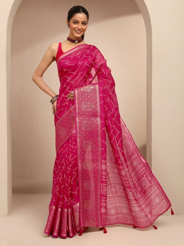 Red Bandhani Printed Silk Blend Saree With Unstitched Blouse Piece
