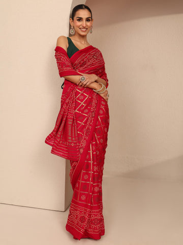 Red Bandhani Printed Silk Blend Saree With Unstitched Blouse Piece