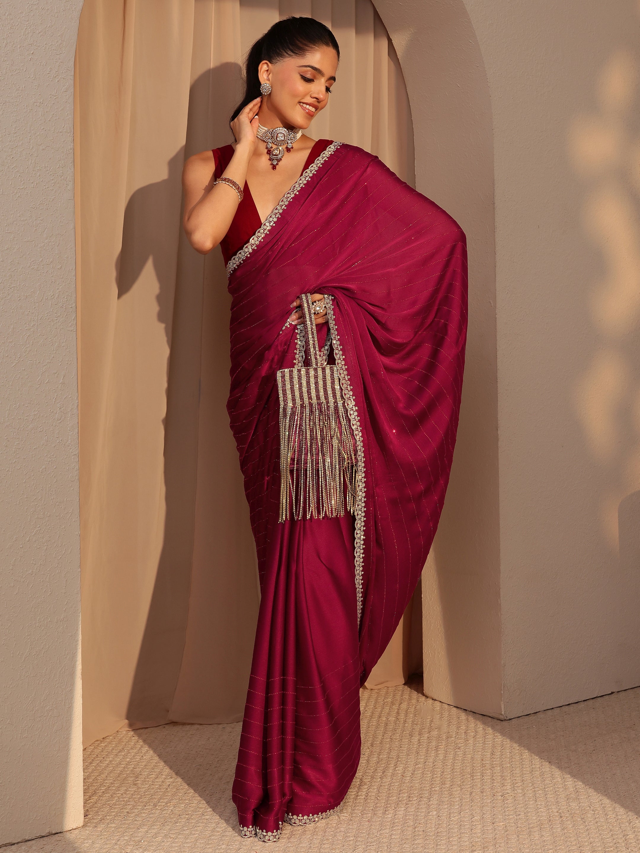 Libas Red Embellished Chiffon Saree-image-44