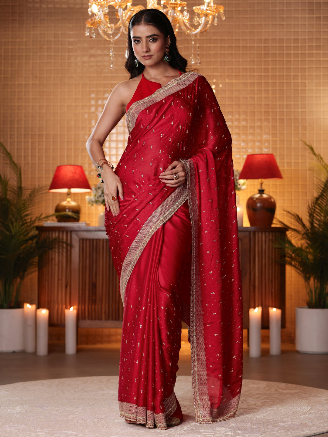  Red Embellished Chiffon Saree 