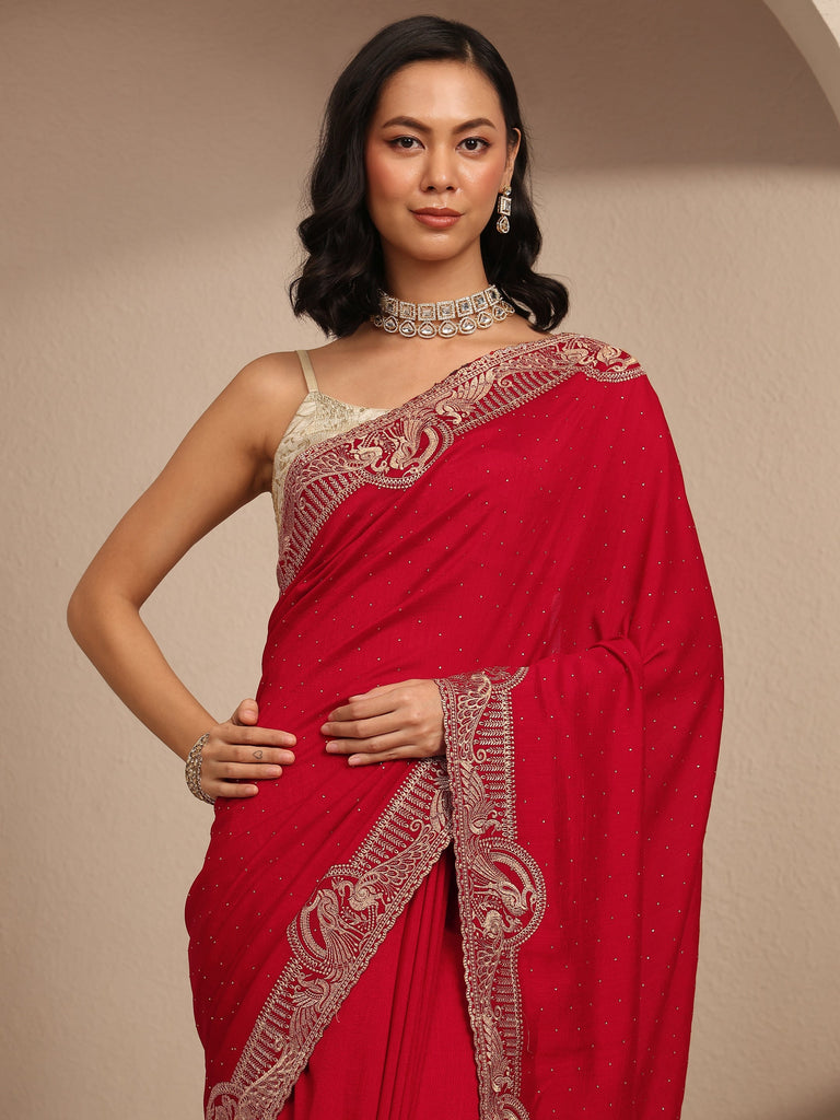 Libas Red Embellished Silk Blend Saree With Unstitched Blouse Piece