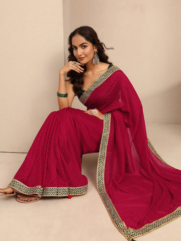 Red Embellished Silk Blend Saree With Unstitched Blouse Piece