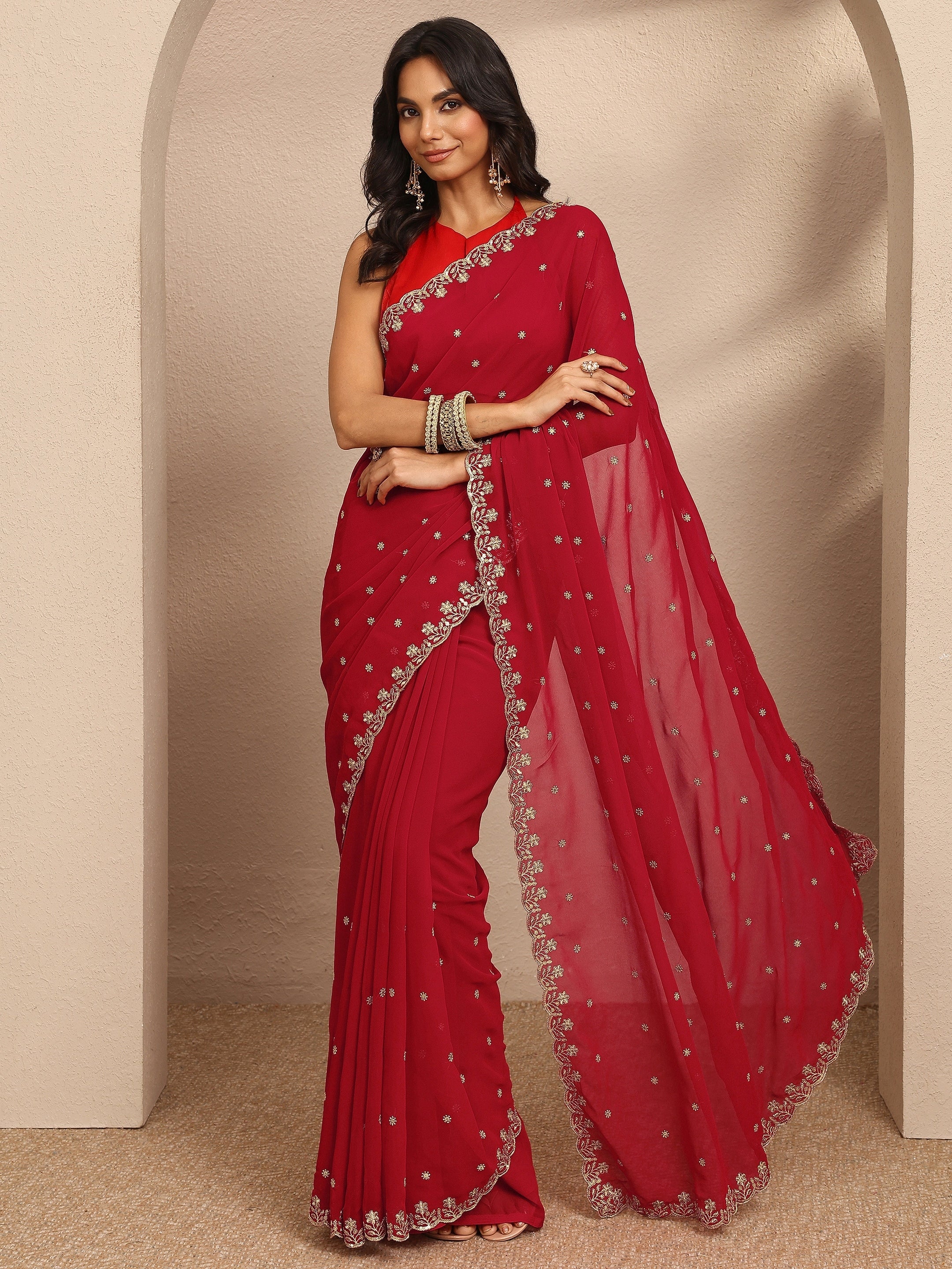 Red Embroidered Georgette Saree With Unstitched Blouse Piece-image-49