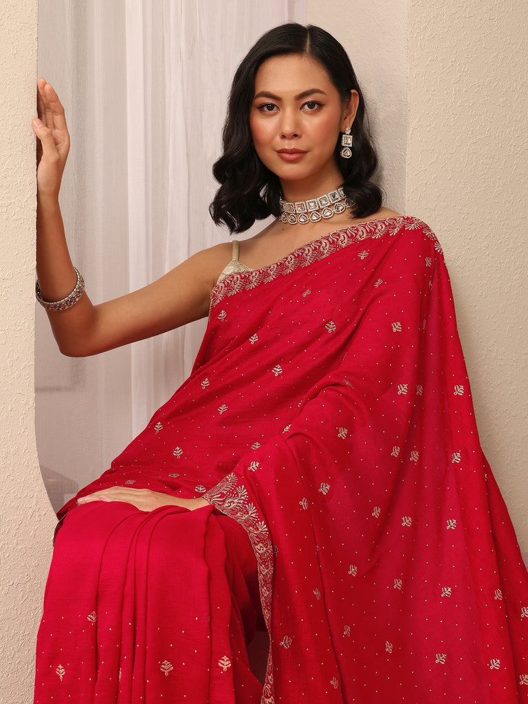 Libas Red Embroidered Silk Blend Saree With Unstitched Blouse Piece