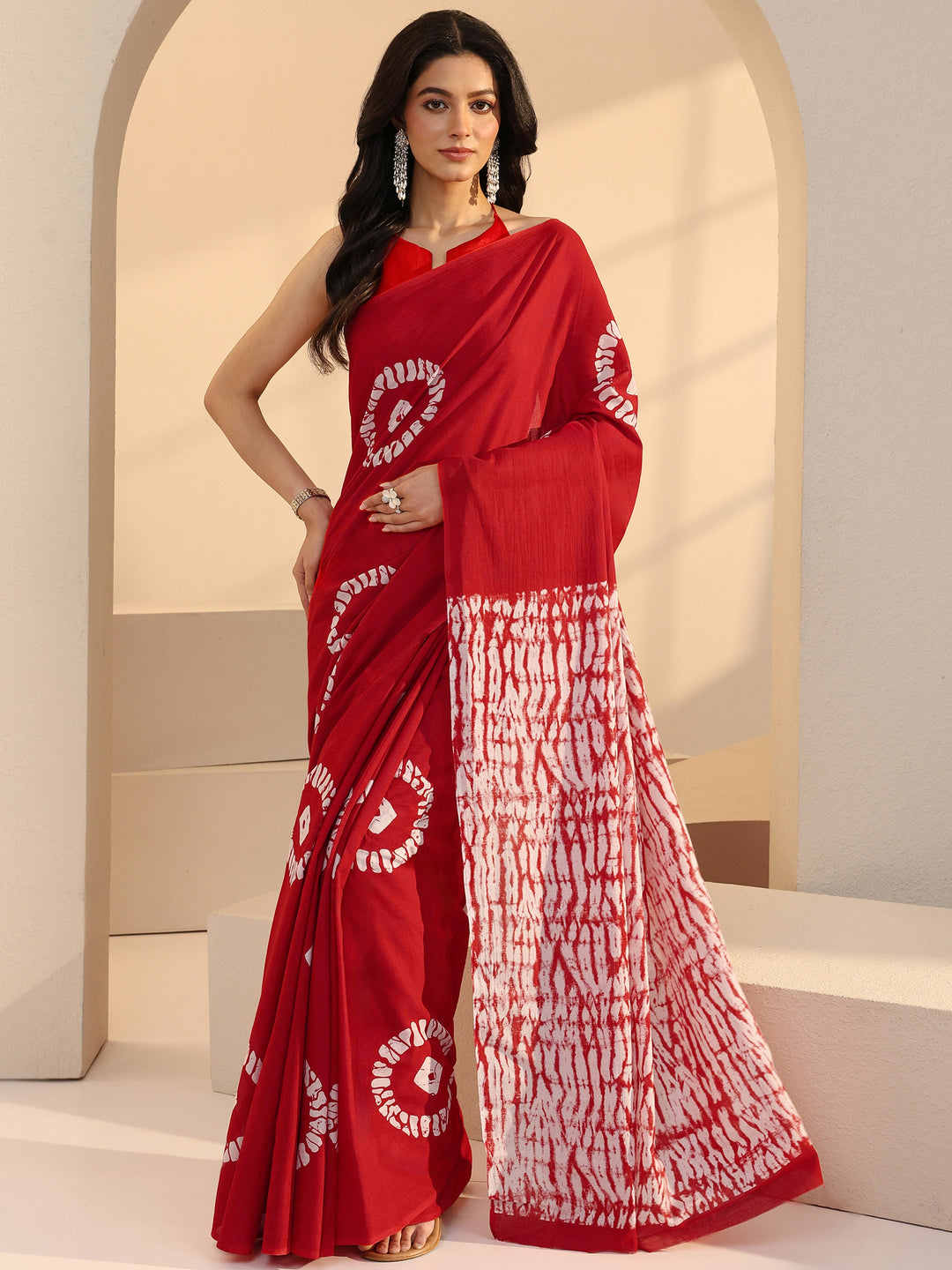  Red Shibori Print Cotton Saree 