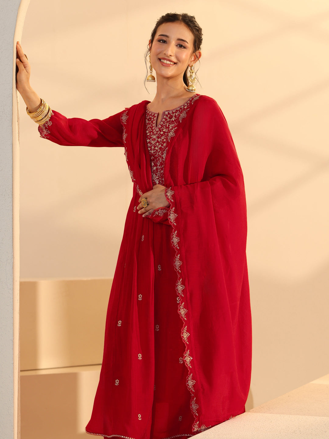  Red Floral Embellished Chanderi Cotton A-Line Suit Set 