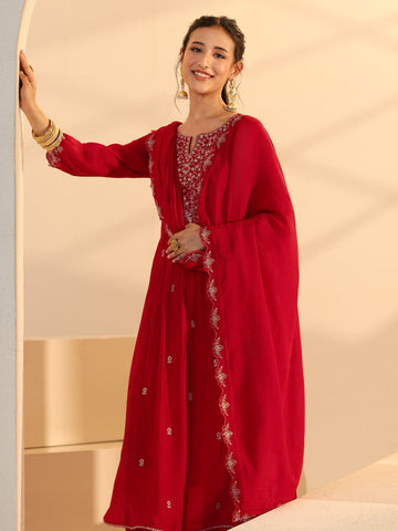 Libas Red Floral Embellished Chanderi Cotton A-Line Suit Set