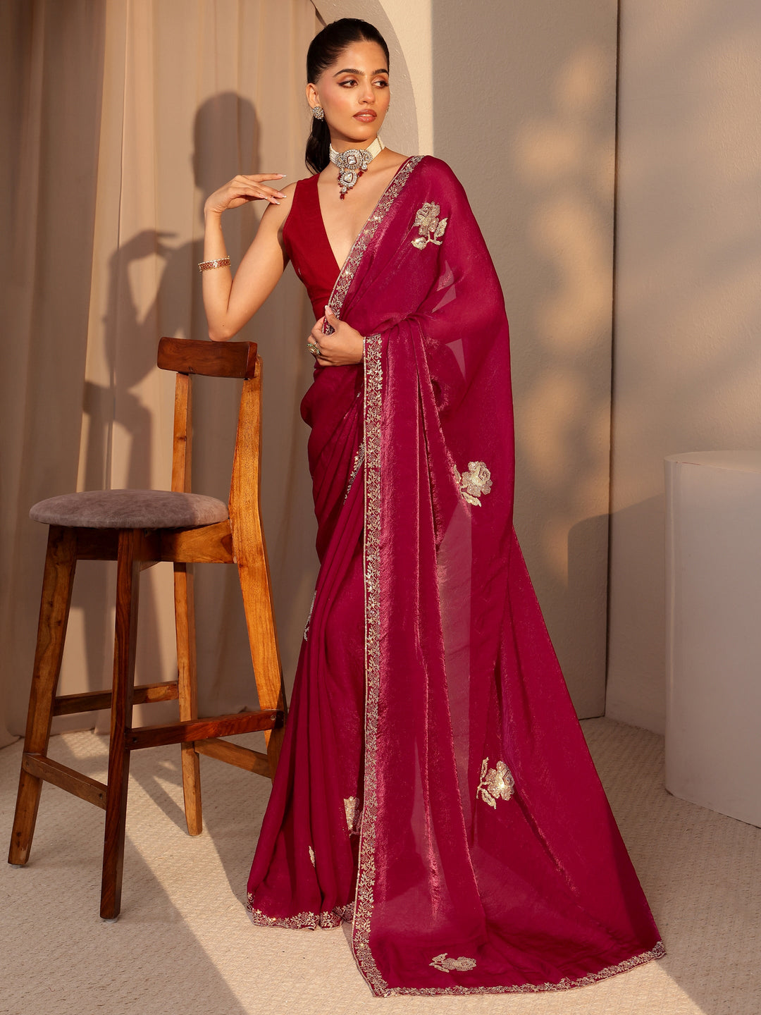  Red Floral Embellished Tissue Saree 
