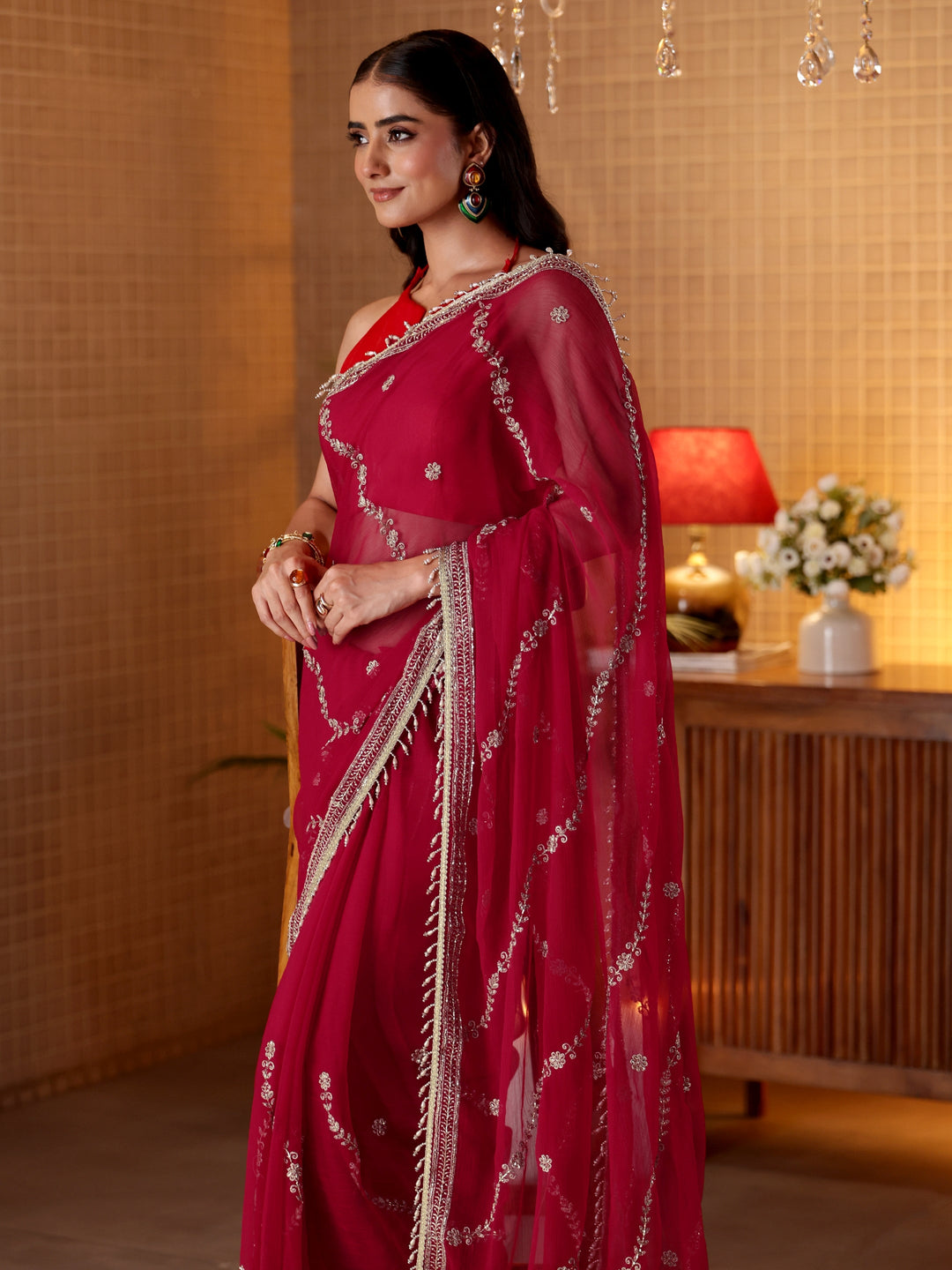  Red Floral Embroidered Chiffon Saree 