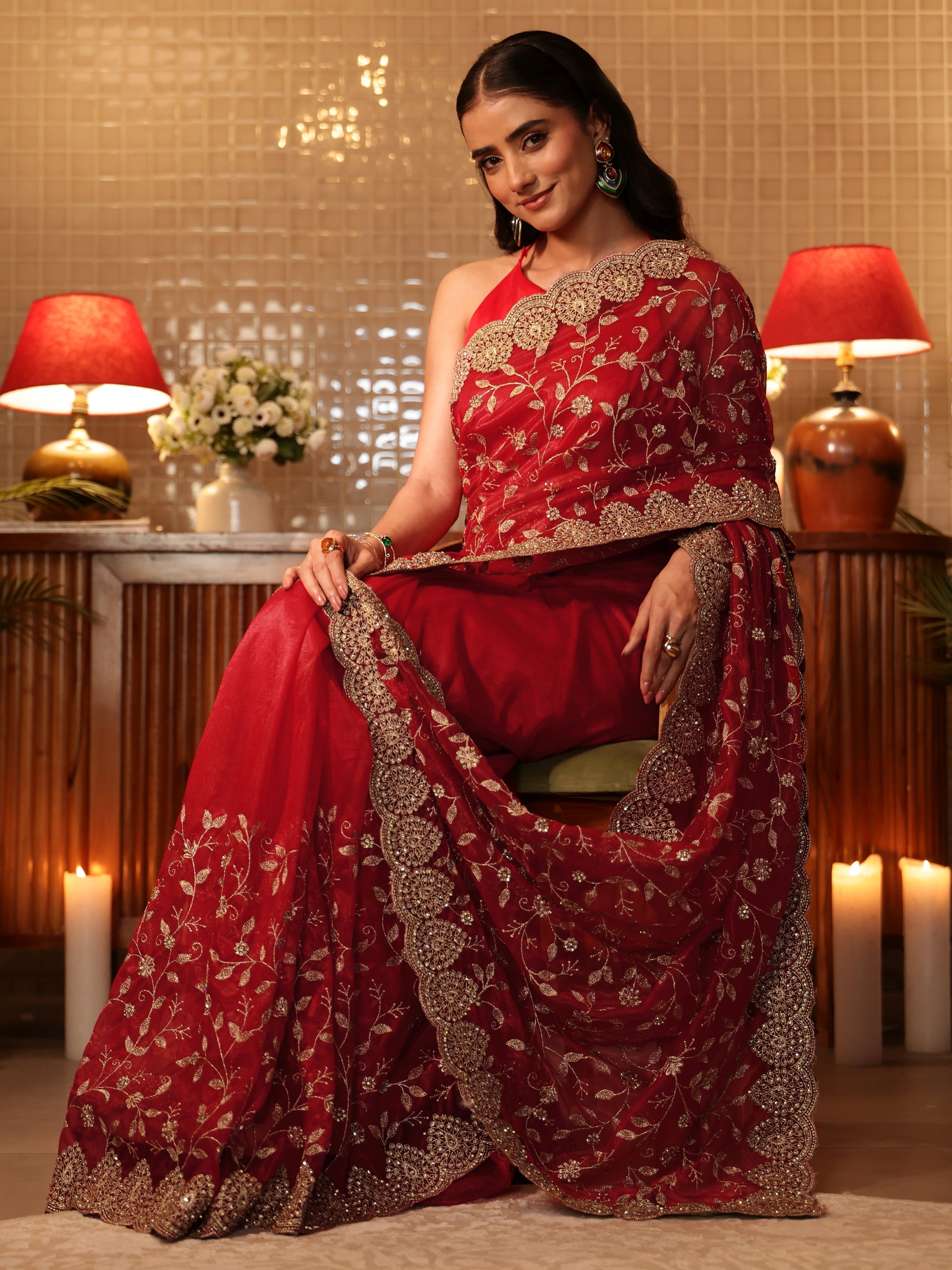 libas Red Floral Embroidered Net Saree-picture-62