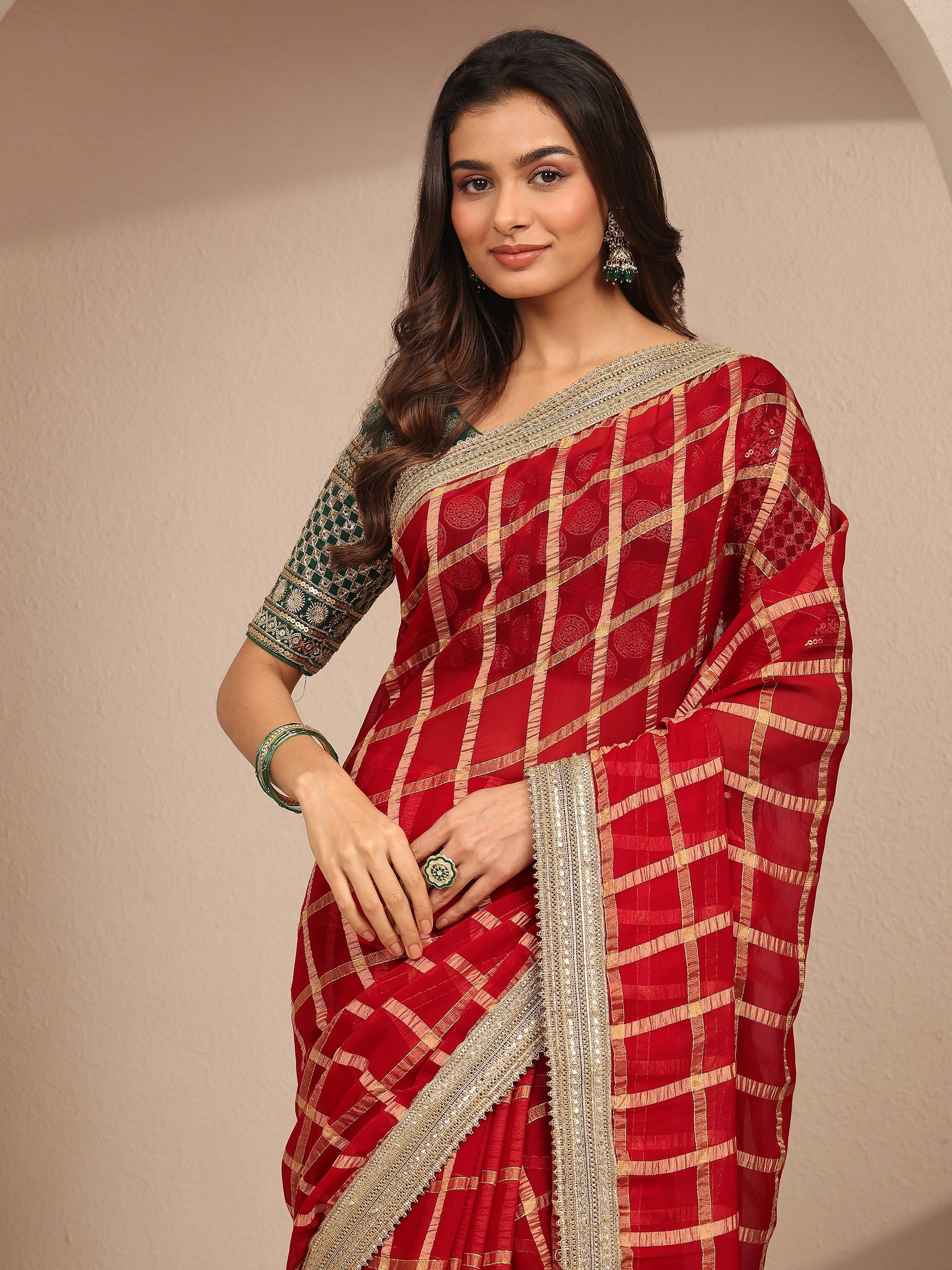 libas Red Geometric Woven Design Silk Blend Saree With Unstitched Blouse Piece-picture-22