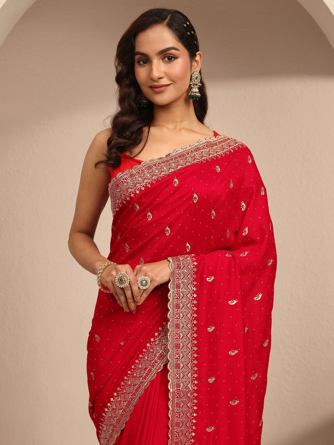  Red Paisley Embroidered Silk Blend Saree With Unstitched Blouse Piece 