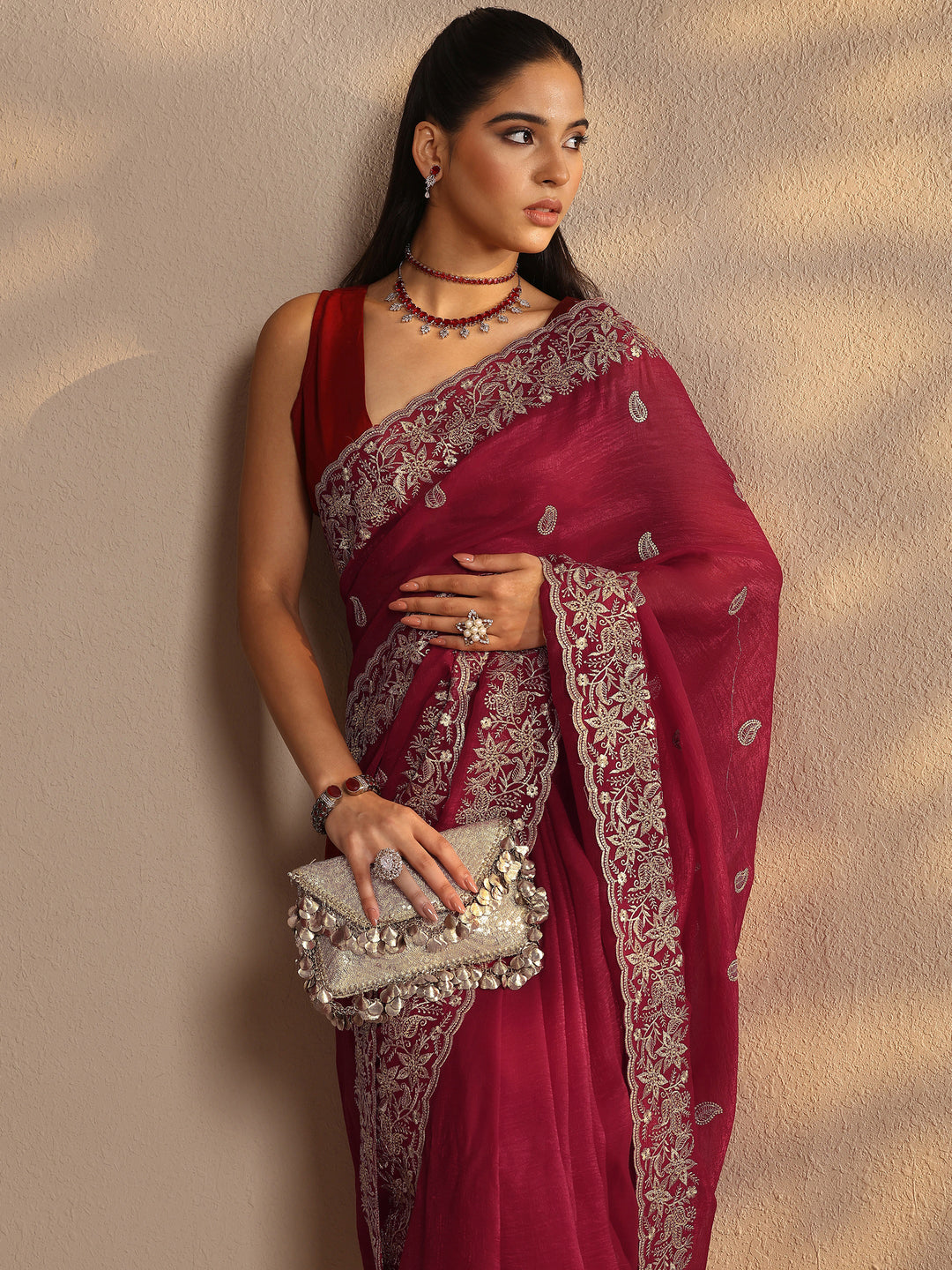  Red Paisley Embroidered Silk Blend Saree With Unstitched Blouse Piece 