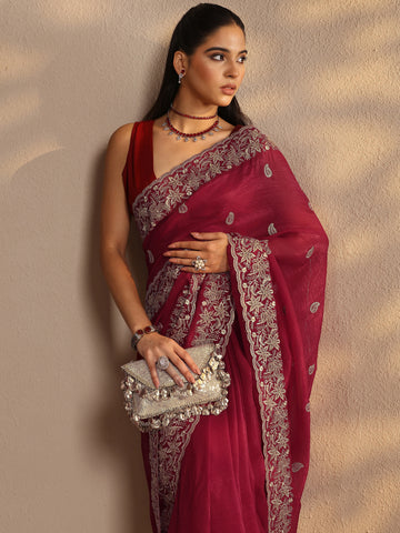 Red Paisley Embroidered Silk Blend Saree With Unstitched Blouse Piece