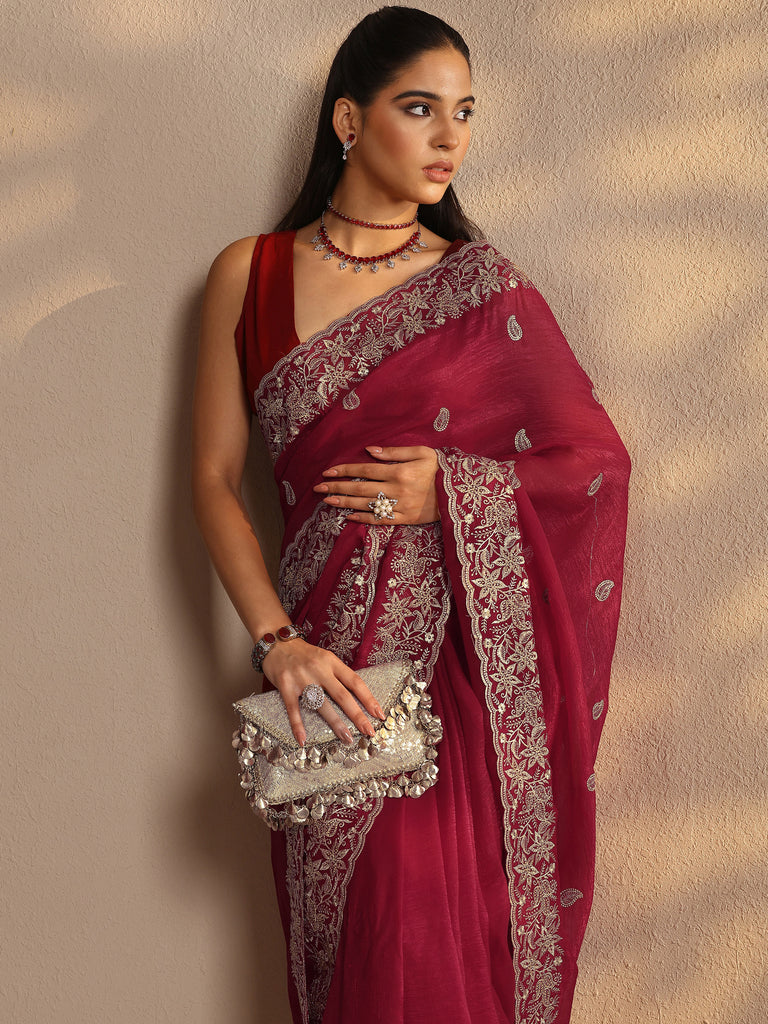 Libas Red Paisley Embroidered Silk Blend Saree With Unstitched Blouse Piece