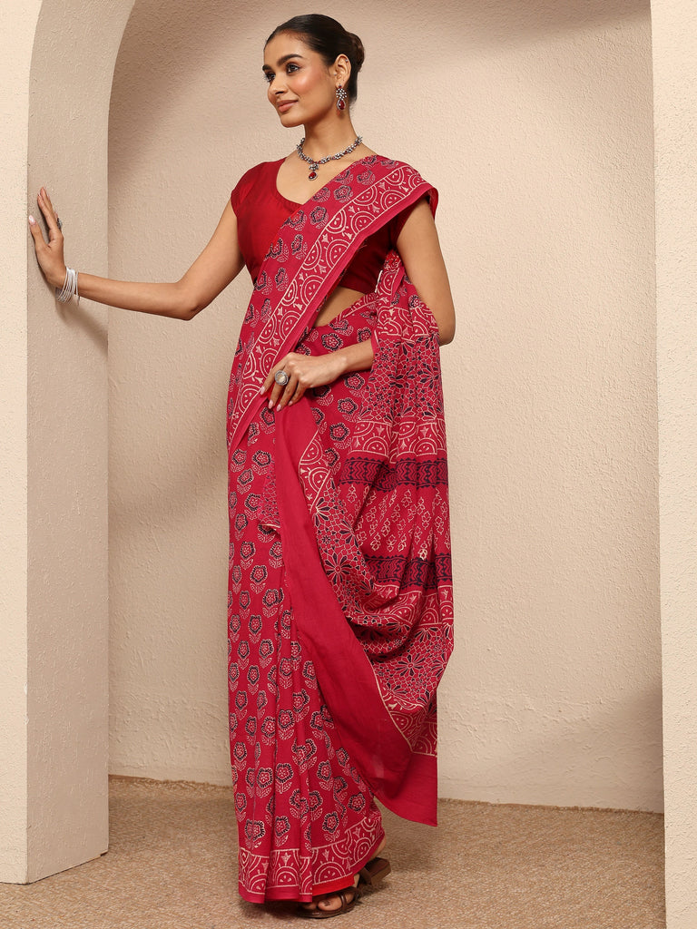 Libas Red Printed Cotton Saree With Unstitched Blouse Piece