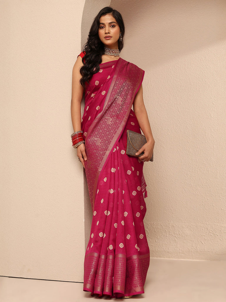 Libas Red Printed Silk Blend Saree With Unstitched Blouse Piece