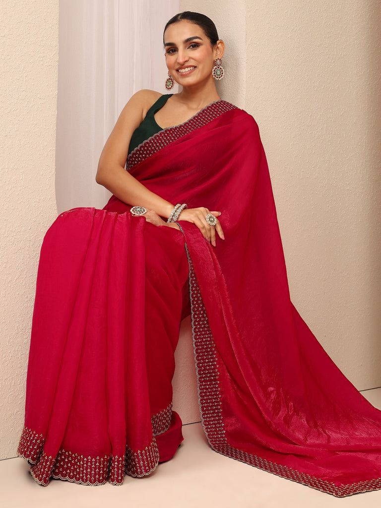 Libas Red Solid Silk Blend Saree With Unstitched Blouse Piece