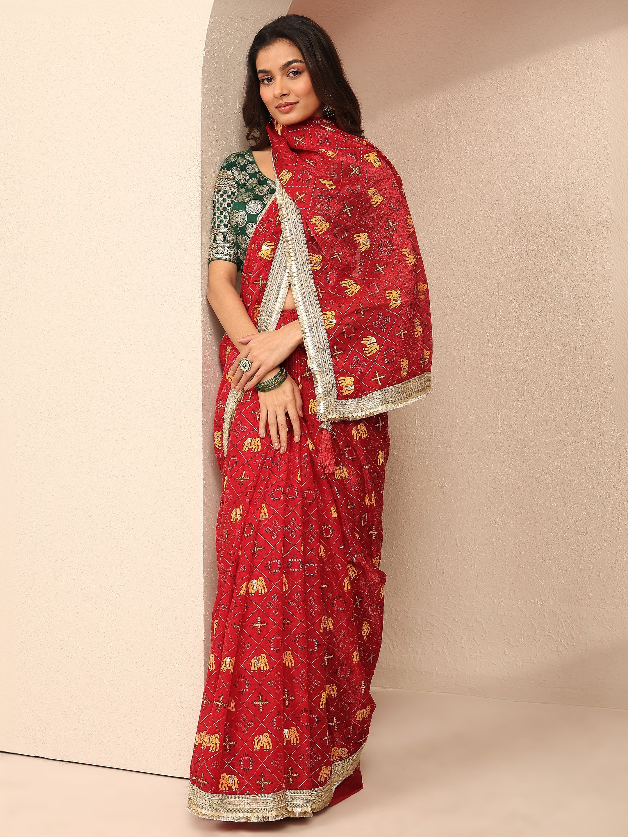 libas Red Tribal Printed Silk Blend Saree With Unstitched Blouse Piece-picture-35