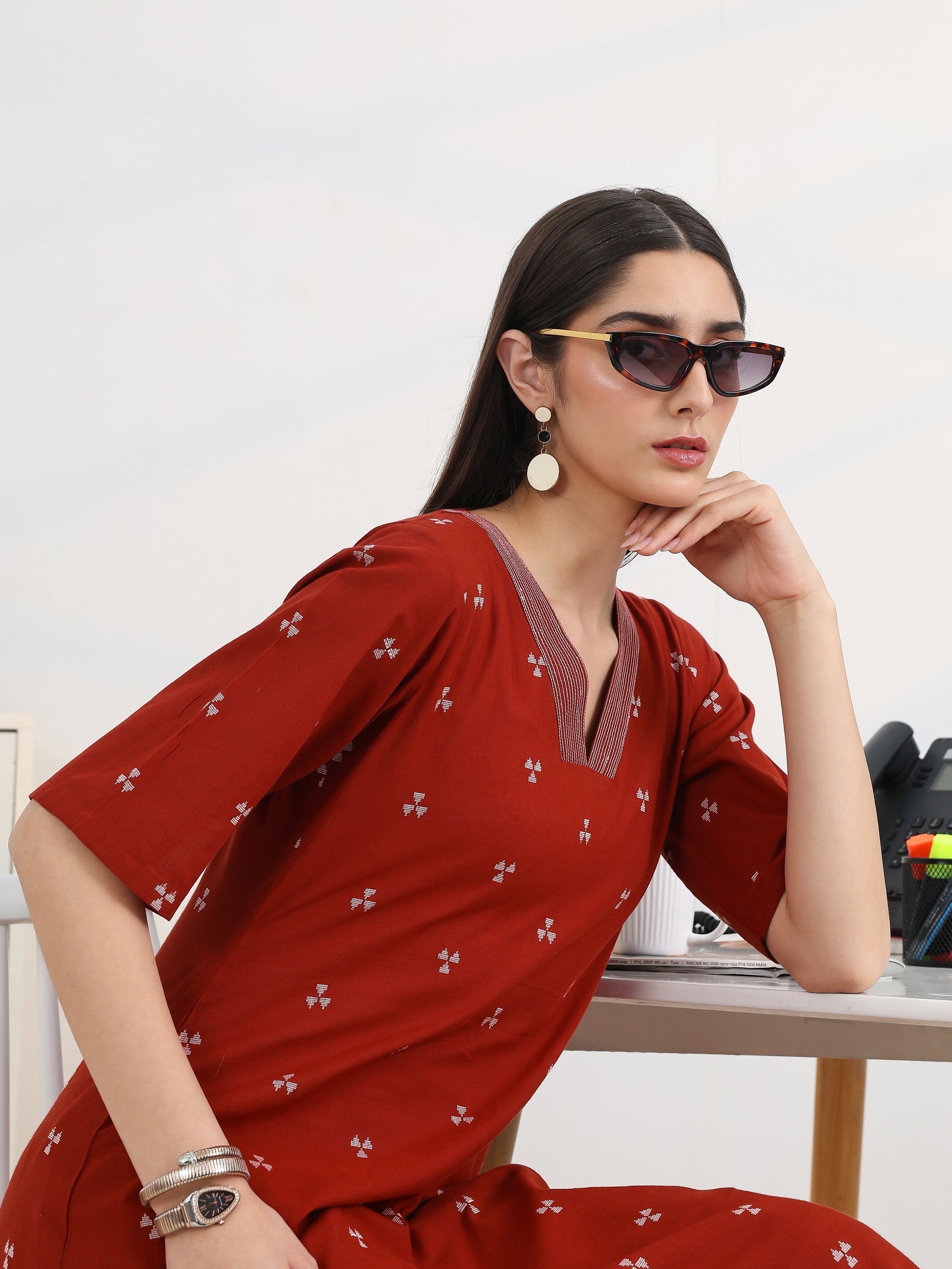 libas Red Woven Design Cotton Blend A-Line Kurta Set-picture-49