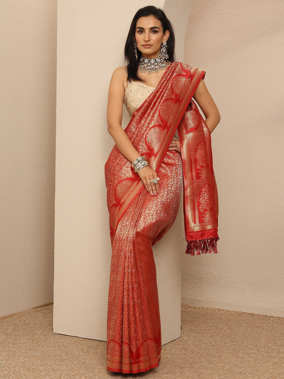  Red Woven Design Silk Blend Saree With Unstitched Blouse Piece 