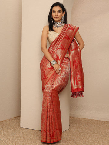 Libas Red Woven Design Silk Blend Saree With Unstitched Blouse Piece