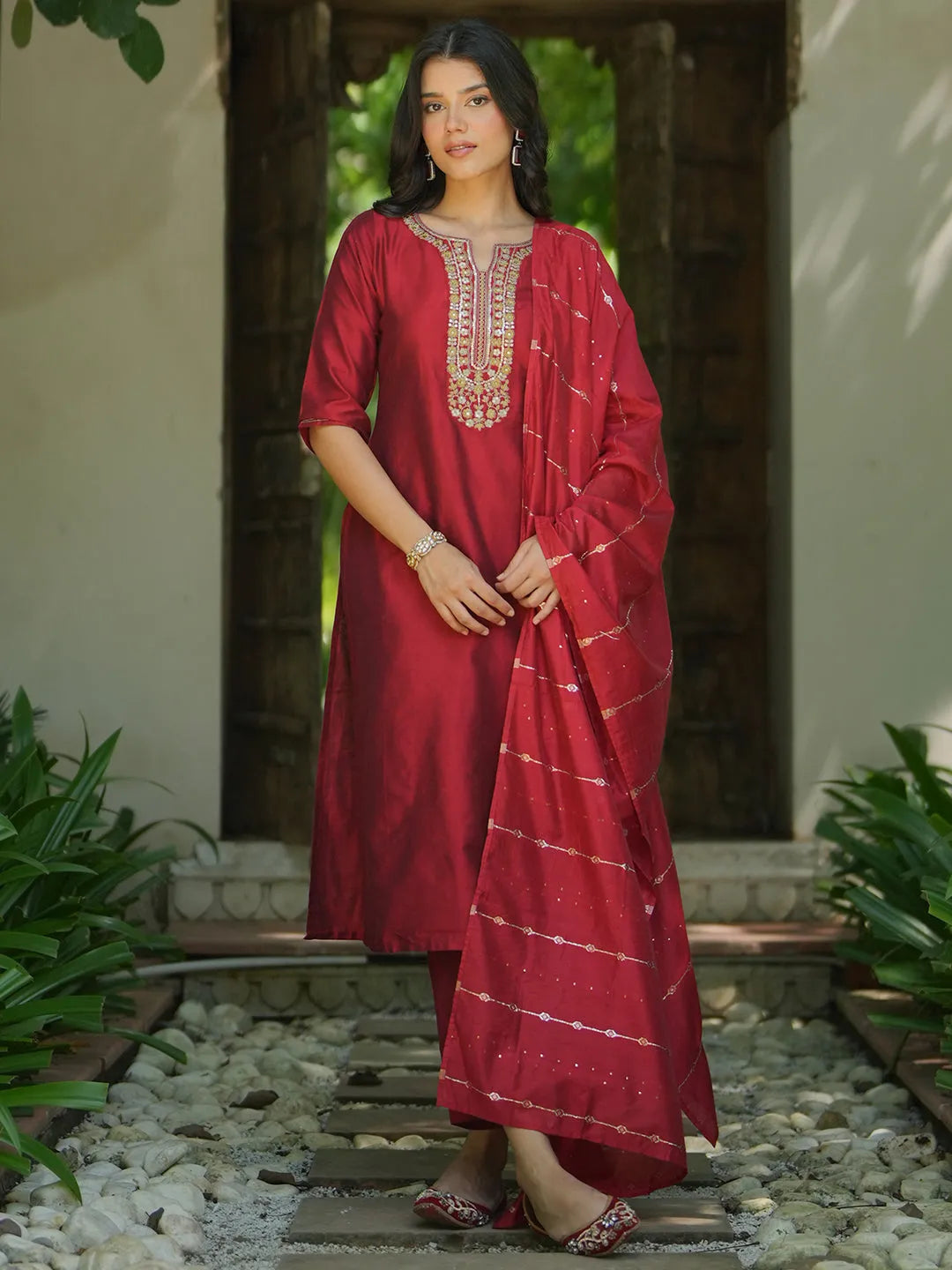 libas Red Yoke Design Silk Blend Straight Suit With Dupatta-picture-60