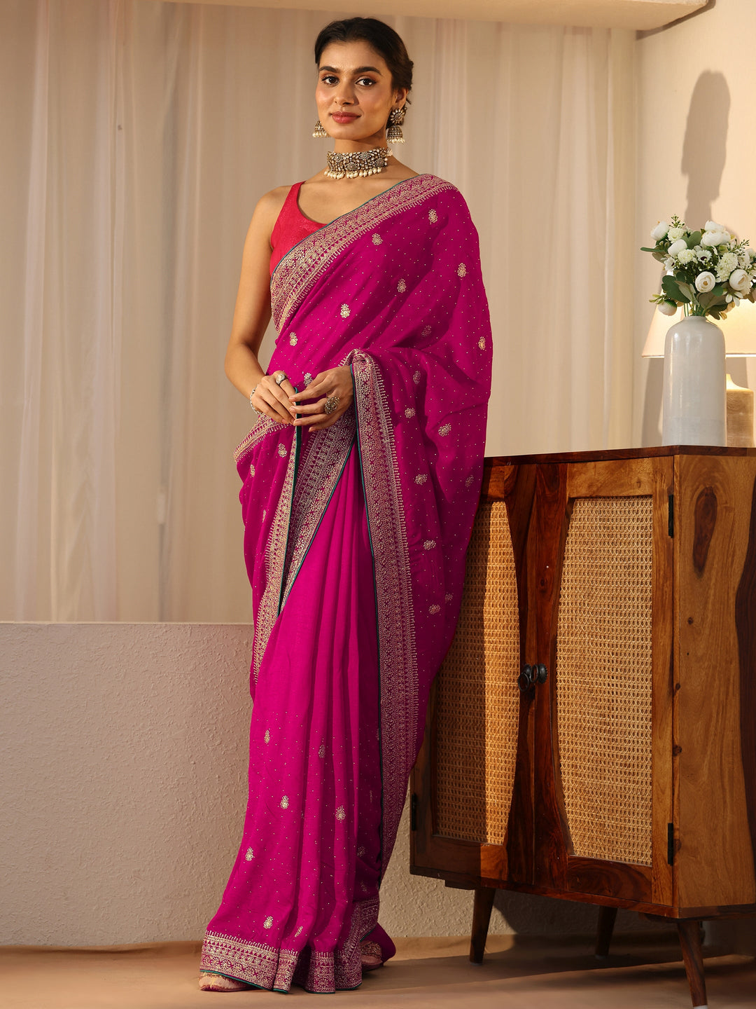  Rose Pink Floral Embellished Silk Blend Saree 
