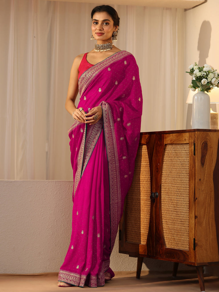 Libas Rose Pink Floral Embellished Silk Blend Saree