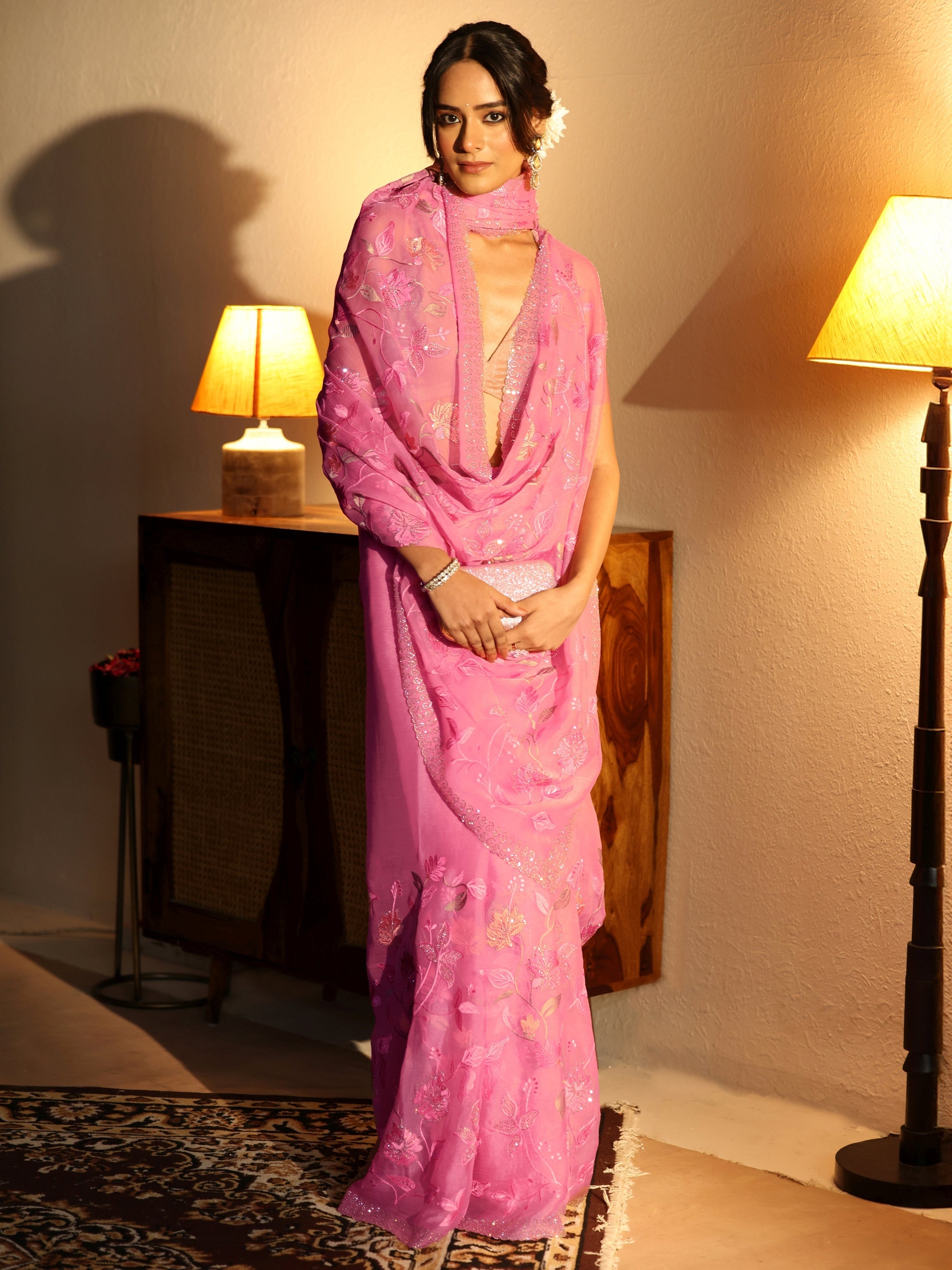 Libas Rose Pink Floral Embroidered Chiffon Saree-picture-29